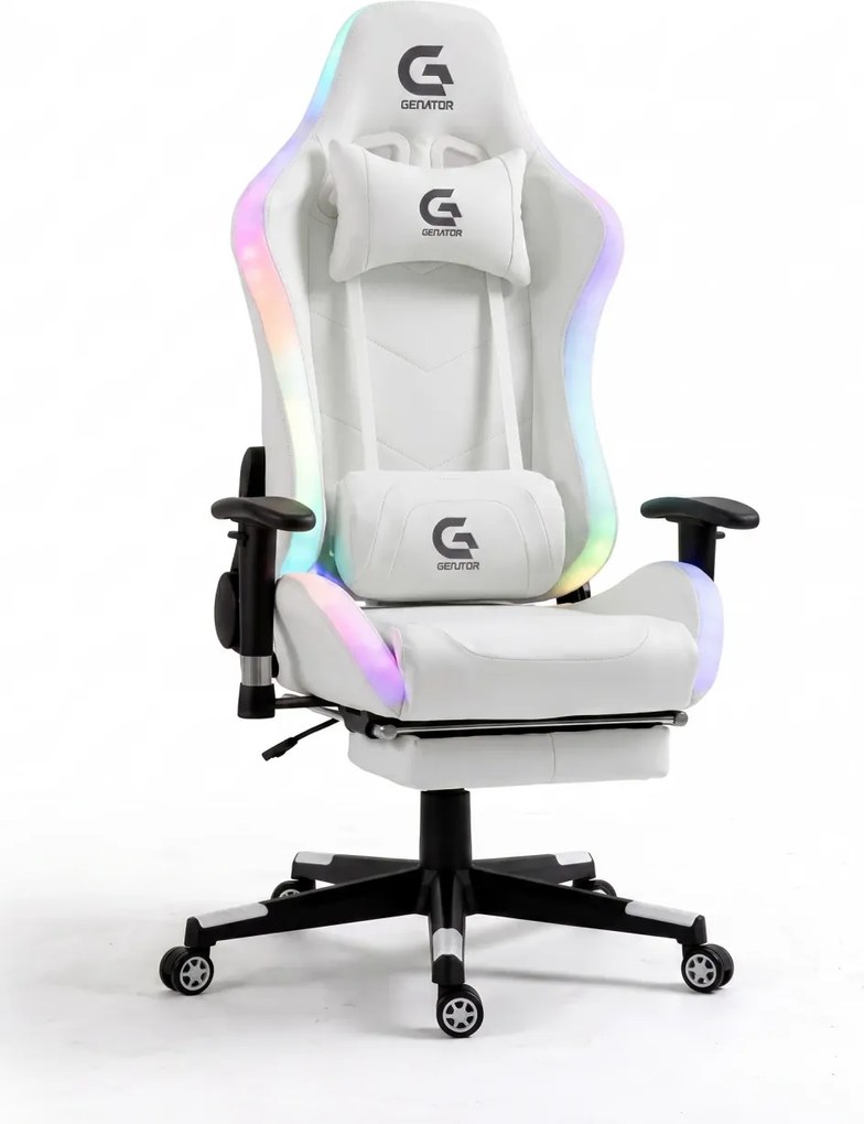 Scaun gaming cu sistem iluminare bandă LED RGB, masaj în perna lombară, suport picioare, funcție șezlong, 90-180 grade, piele PU Premium, Alb