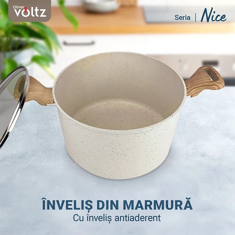 Oala cu capac Voltz Nice OV54418E24D, 24x15 cm, 6.5 L, Finisaj marmura, Inductie, Cream melange