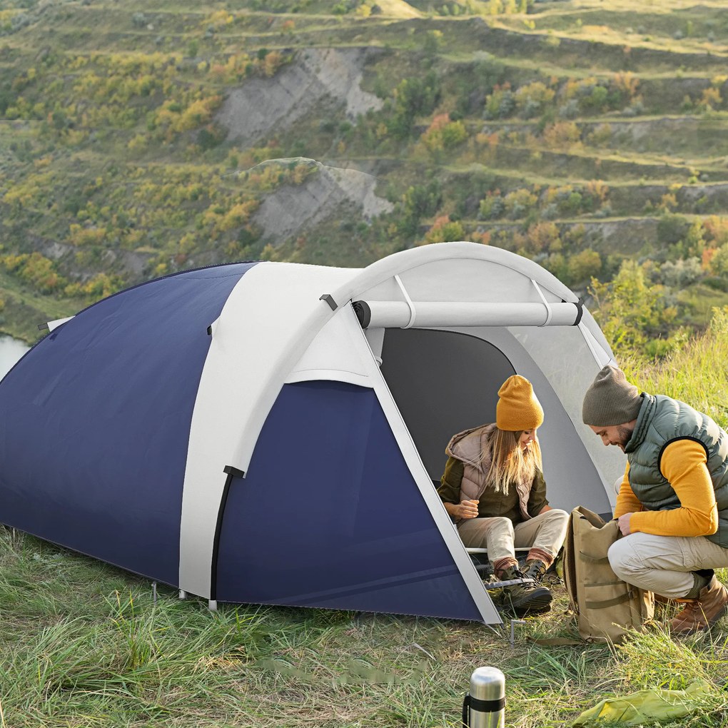 Outsunny Cort de camping 3/4 persoane în formă de dom ușor ventilat cu uși cu fermoar 320 x 240 x 130 cm bleu foncé gri deschis | Aosom Romania