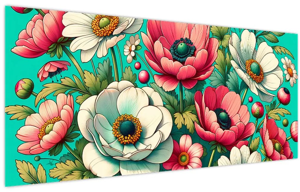 Tablou - Flori pe fundal albastru (120x50 cm)