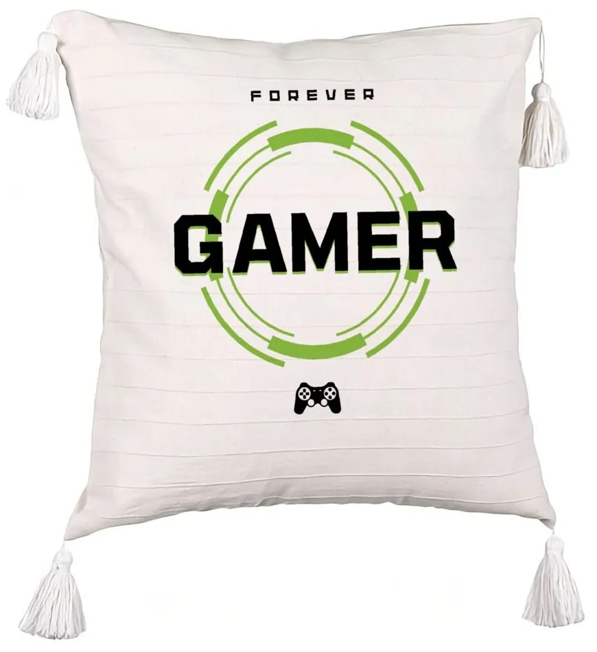 Perna Decorativa cu Franjuri, Model Forever Gamer, 45x45 cm, Ecru, Cu fermoar