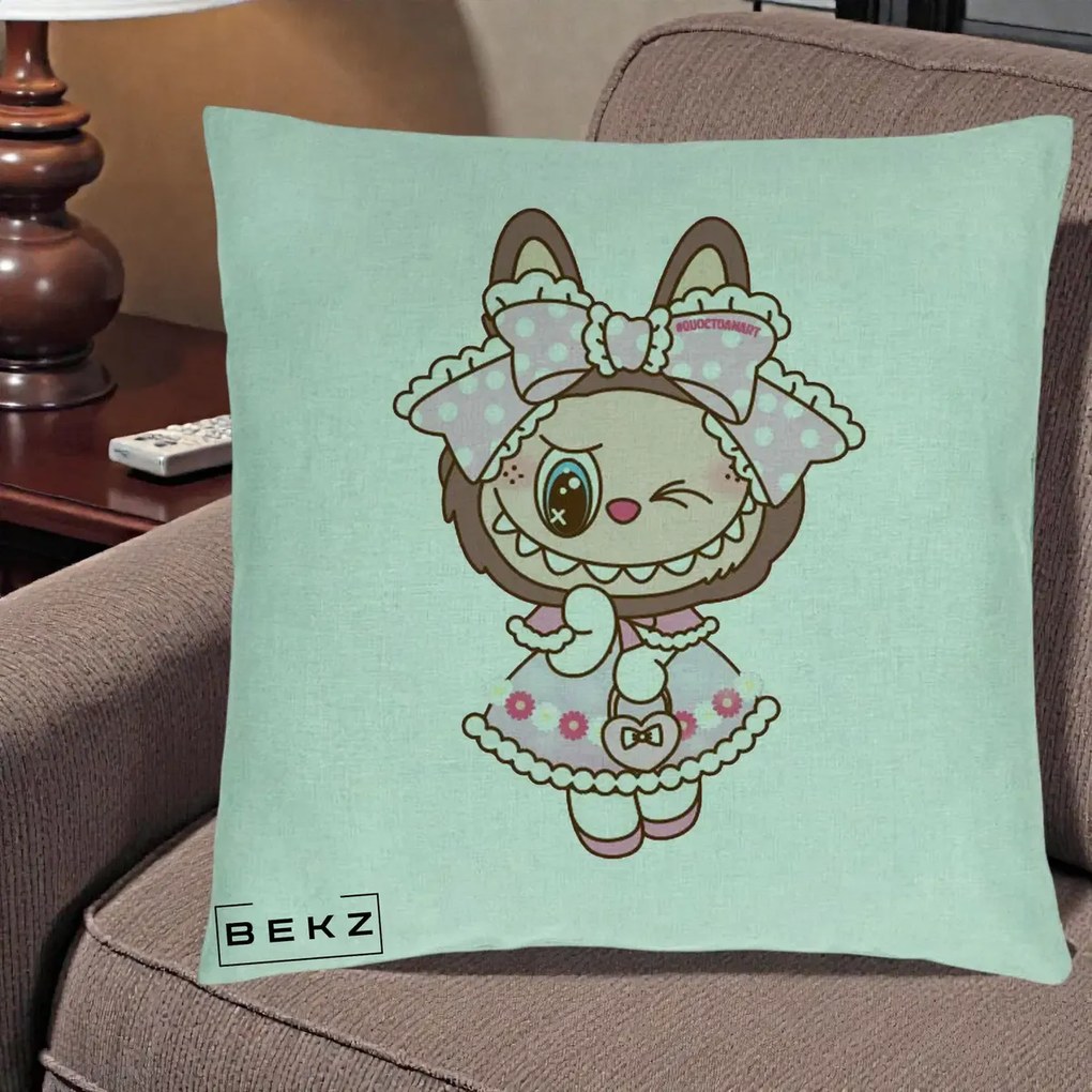 Perna Personalizata Labubu Lolita Roz cu Dantela, 40x40 cm, Verde Menta, Husa Detasabila, Perna Inclusa, BEKZ®