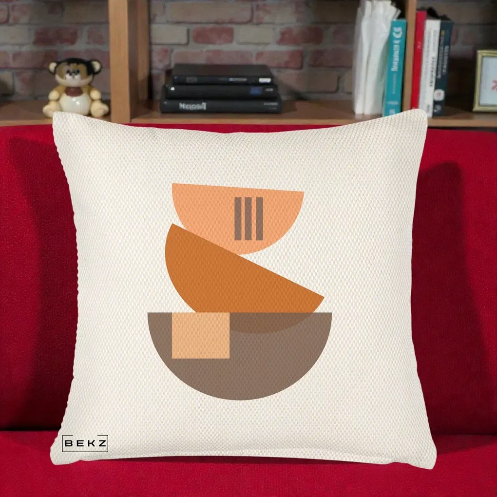 Perna Decorativa Geometric Bauhaus Boluri Portocaliu, 40x40 cm, Crem Reliefat, Husa Detasabila, Perna Inclusa, BEKZ®