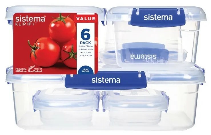 Sistema Set de 6 cutii etanșe pentru alimente KLIP IT PLUS, 2x180 ml, 2x400 ml, 1x1 l și 1x2,2 l