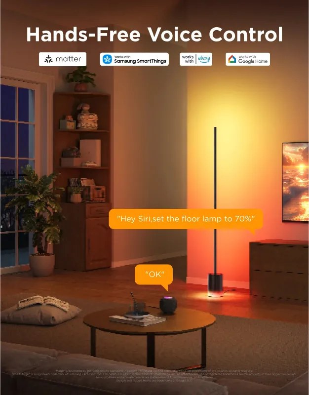 Smart LED lampa pentru podea Govee 2 RGBICWW H607C, 152 cm, 30 W, 1725 lm, 6500 K, Wi-Fi, Bluetooth, Govee Home, Negru