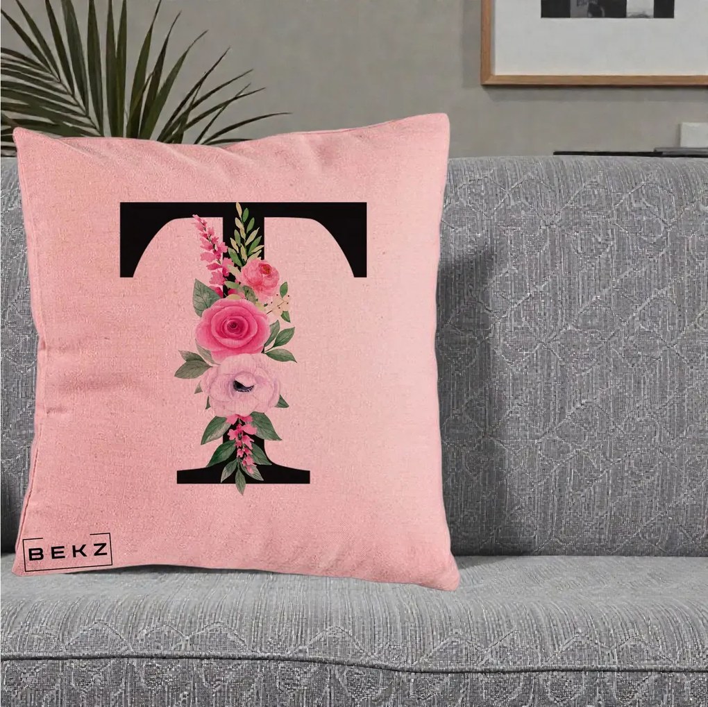Cadou Personalizat - Perna Personalizata Monograma Florala Litera T, 40x40 cm, Roz, Husa Detasabila, Perna Inclusa, BEKZ®