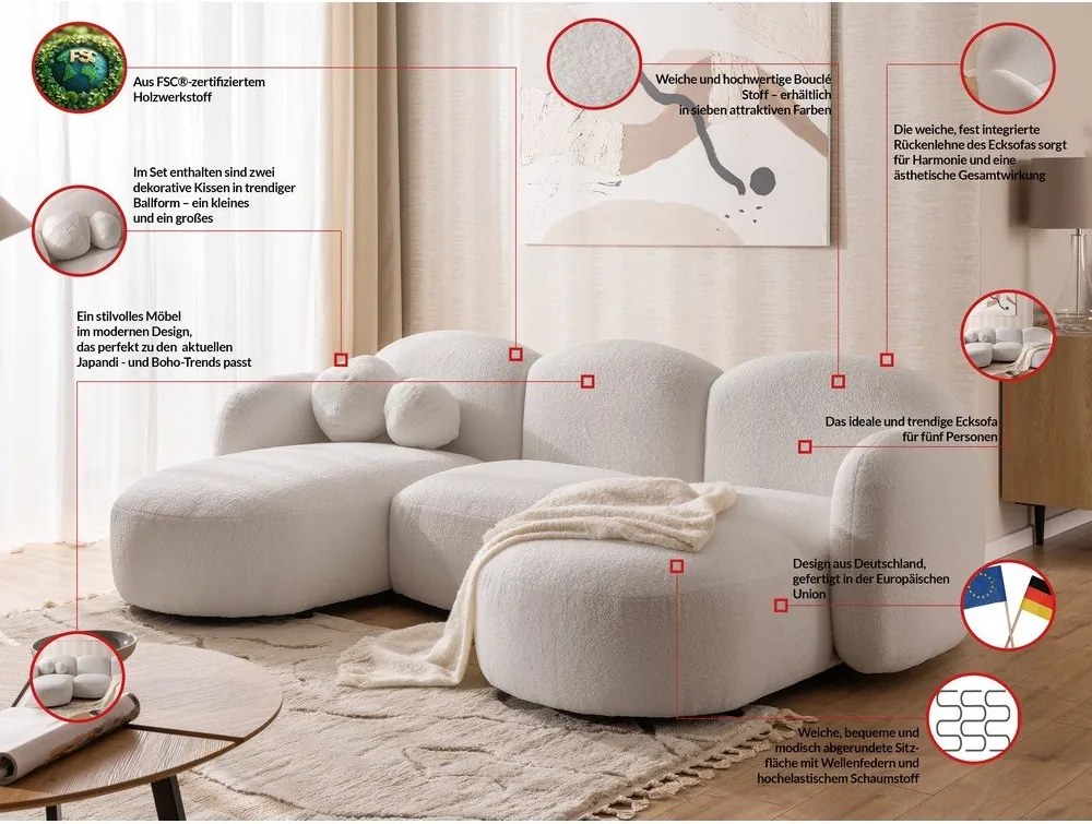 Colțar crem cu tapițerie din țesătură bouclé (în formă de "U") Orbit – Ropez