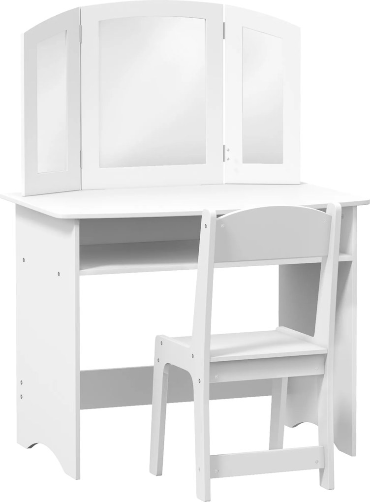 AIYAPLAY Set de Machiaj pentru Fetițe de 3-6 ani cu Oglindă Triplă Detașabilă și Scaun din Lemn, 80x49x108 cm, Alb | Aosom Romania