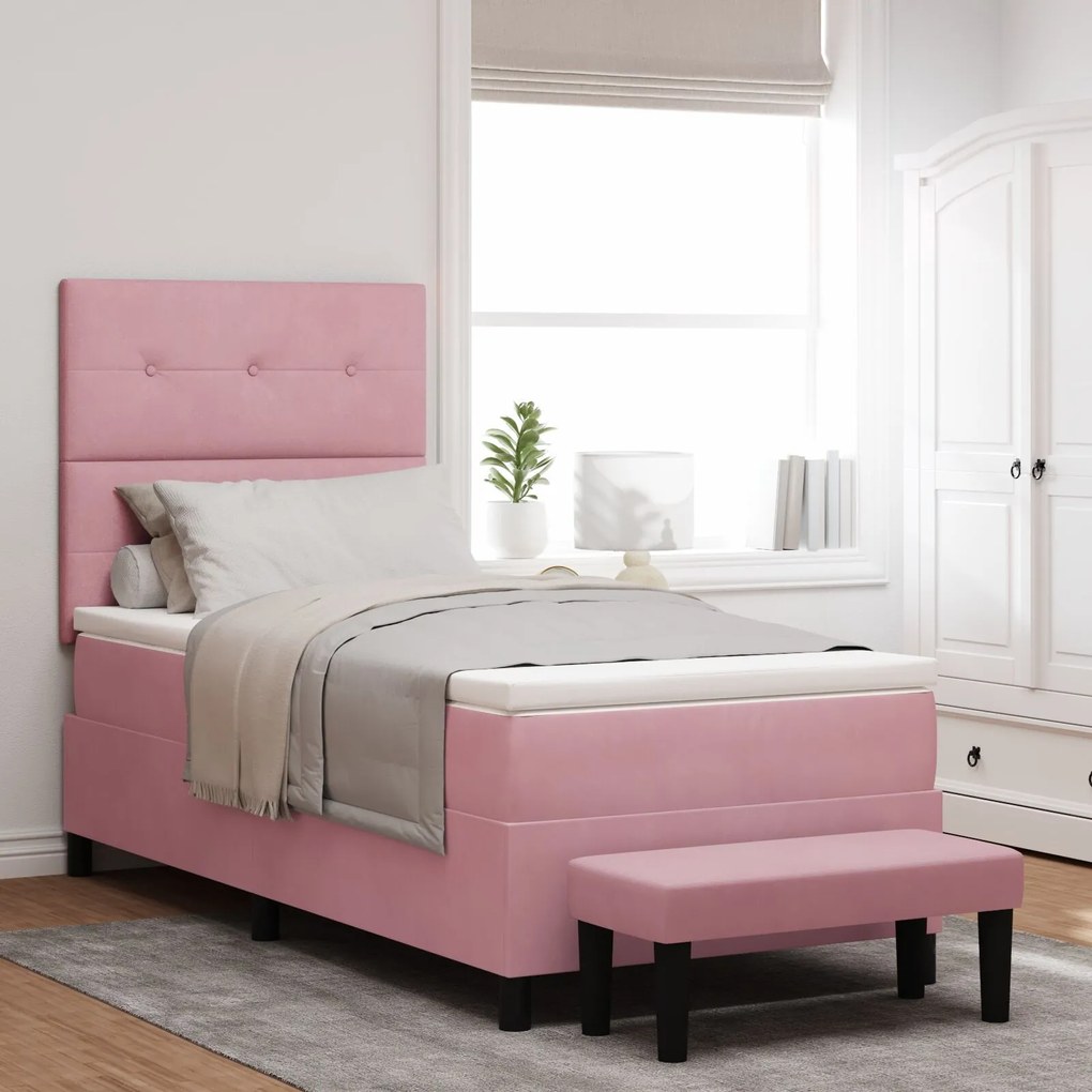vidaXL Pat box spring cu saltea și bancă roz 90x190 cm din catifea