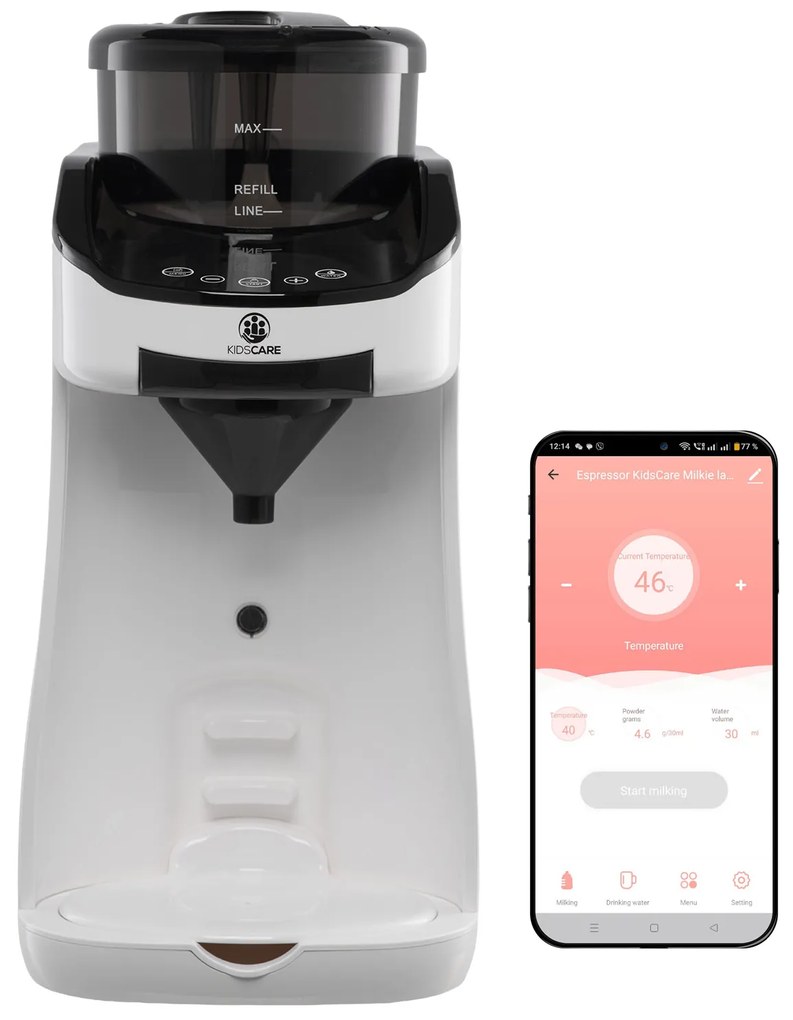 Espressor inteligent KidsCare Milkie pentru lapte praf, aplicatie mobila, rezervor 1,8L, autocuratare SUPKC-APL510