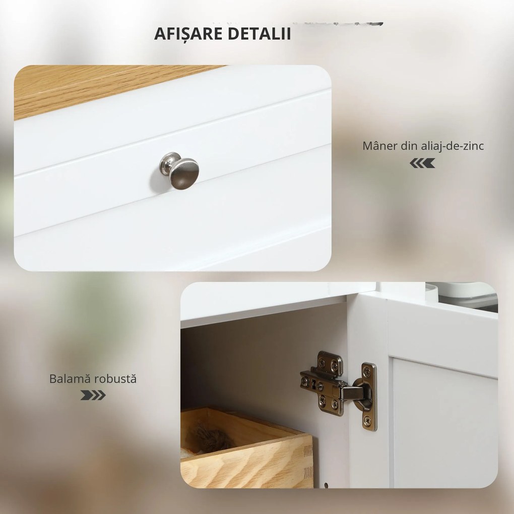 HOMCOM Comodă de Bucătărie, Mobilier de Bucătărie cu 2 Sertare, 3 Dulapuri, Blat de Lucru din Caucciuc, Bufet cu Uși din Sticlă, Rafturi Ajustabile, pentru Sufragerie, 120x40x90cm, Alb | Aosom Romania