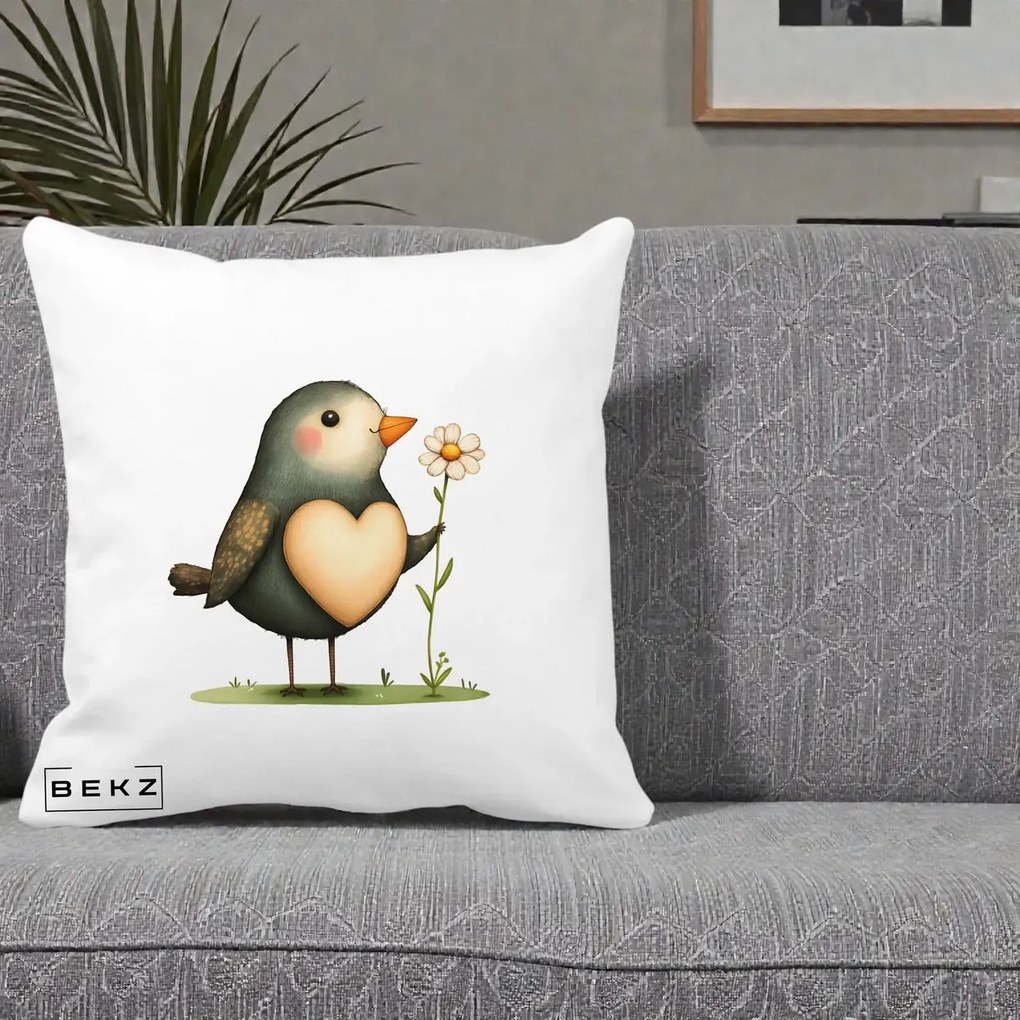 Perna Decorativa Pasare cu Inima si Margareta, 40x40 cm, Alba Mata, Husa Detasabila, Perna Inclusa, BEKZ®
