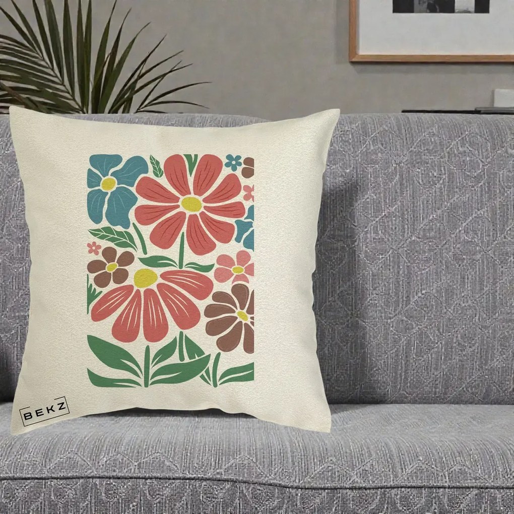 Perna Decorativa Flori Grafice Colorate Retro, 40x40 cm, Ecru, Husa Detasabila, Perna Inclusa, BEKZ®