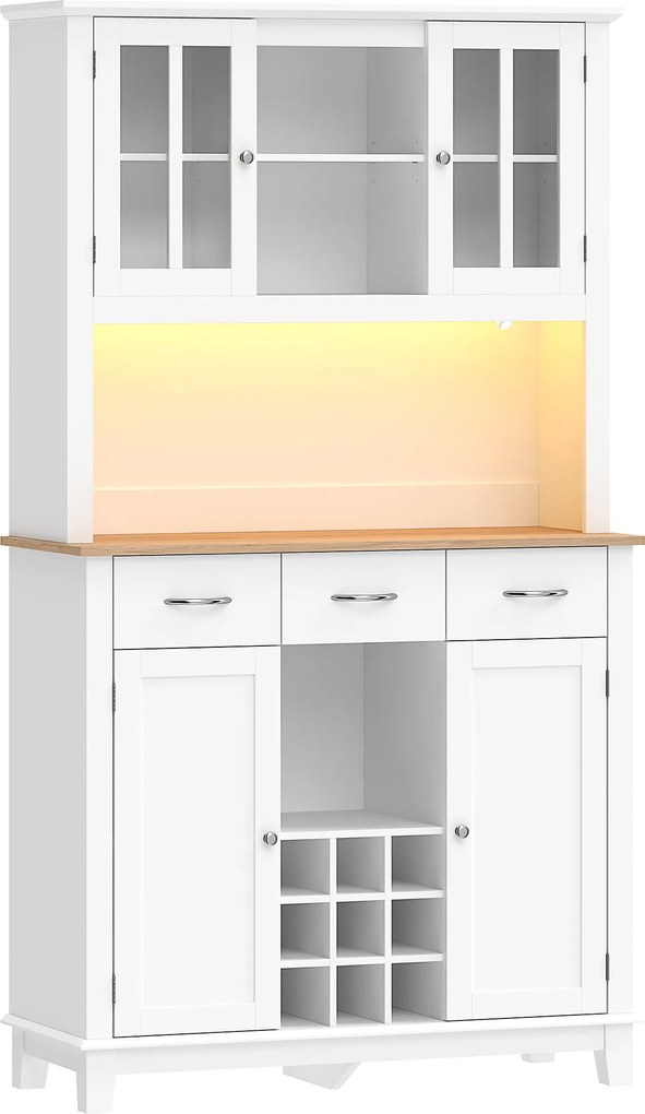 HOMCOM Dulap de bucătărie cu iluminare LED control prin APP blat pentru microunde suport pentru sticle uși din sticlă Alb | Aosom Romania