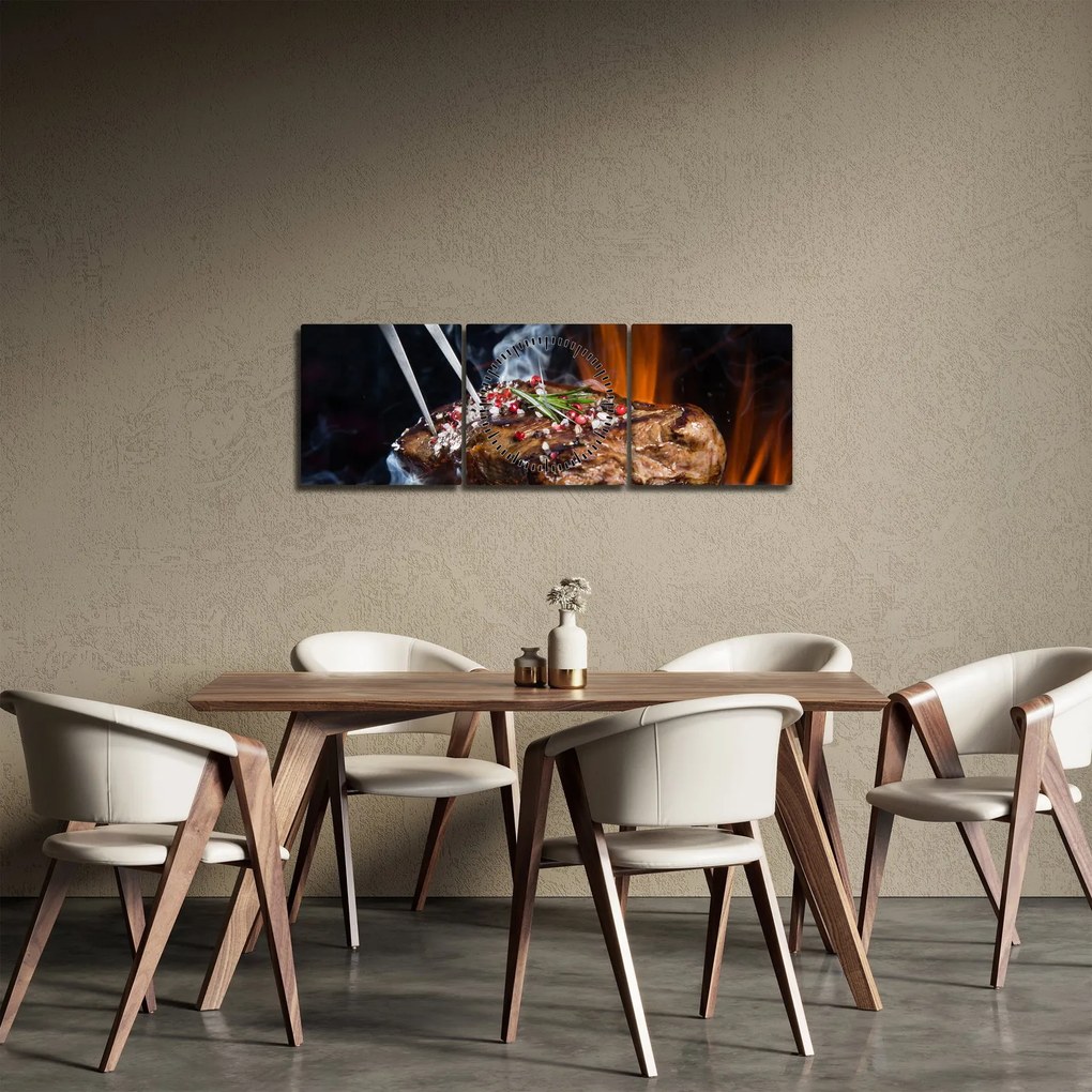 Tablou cu steac pe grill (cu ceas) (90x30 cm)