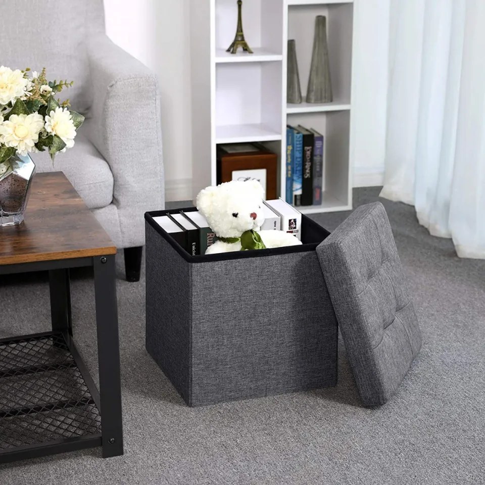 Taburet cu capac si spatiu depozitare, MDF / textil, gri inchis, Songmics