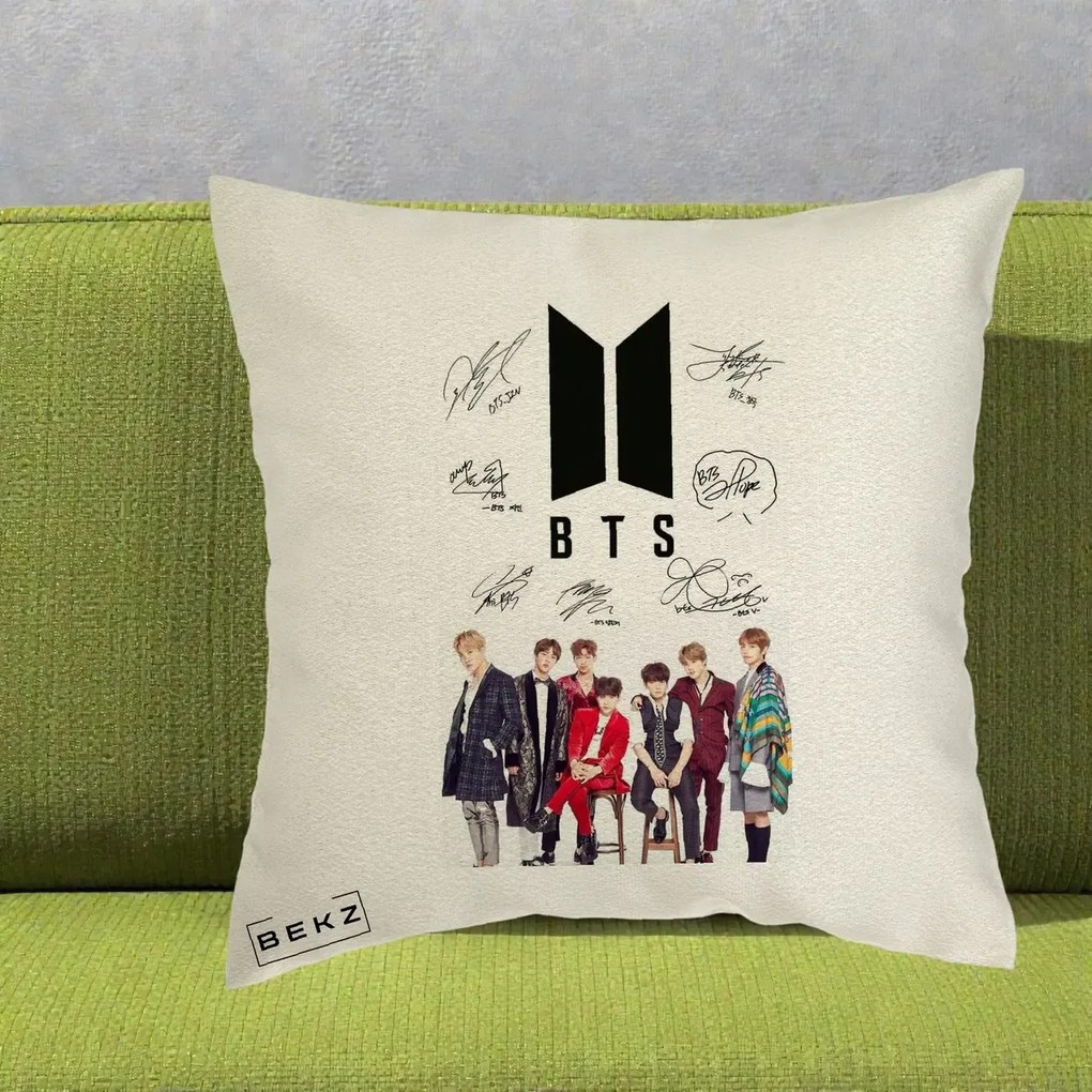 Perna Personalizata K-pop BTS Semnaturi Foto, 40x40 cm, Ecru, Husa Detasabila, Perna Inclusa, BEKZ®