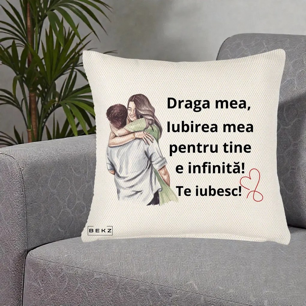 Cadou pentru Iubita - Perna Personalizata Draga Mea Iubirea Mea Infinita Te Iubesc cu Cuplu Acuarela, 40x40 cm, Crem Reliefat, Husa Detasabila, Perna Inclusa, BEKZ®