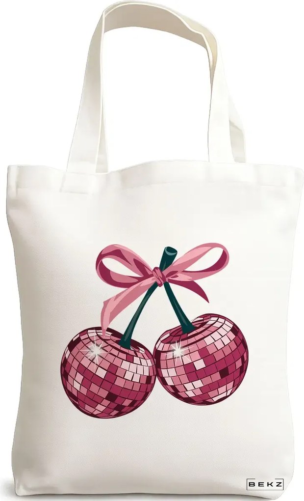 Sacosa de Panza pentru Cumparaturi, Geanta Tote, model Cherry blinks 38 x 34.5 cm, Alba, BEKZ®