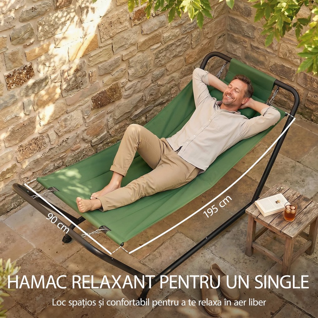 Outsunny Hamac de Exterior cu Suport, Hamac Autoportant cu Buzunar Lateral, Tetieră și Structură din Metal, Capacitate 150 kg pentru Grădină, Balcon, Terasă, 237 x 90 x 92 cm, Verde Închis | Aosom Romania