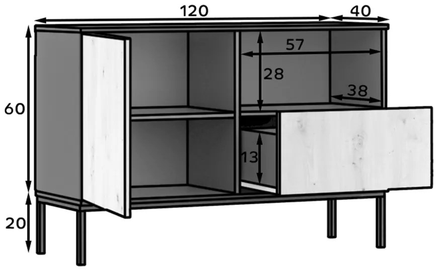 Comoda LANZZI 120x40 cm, neagra/dub