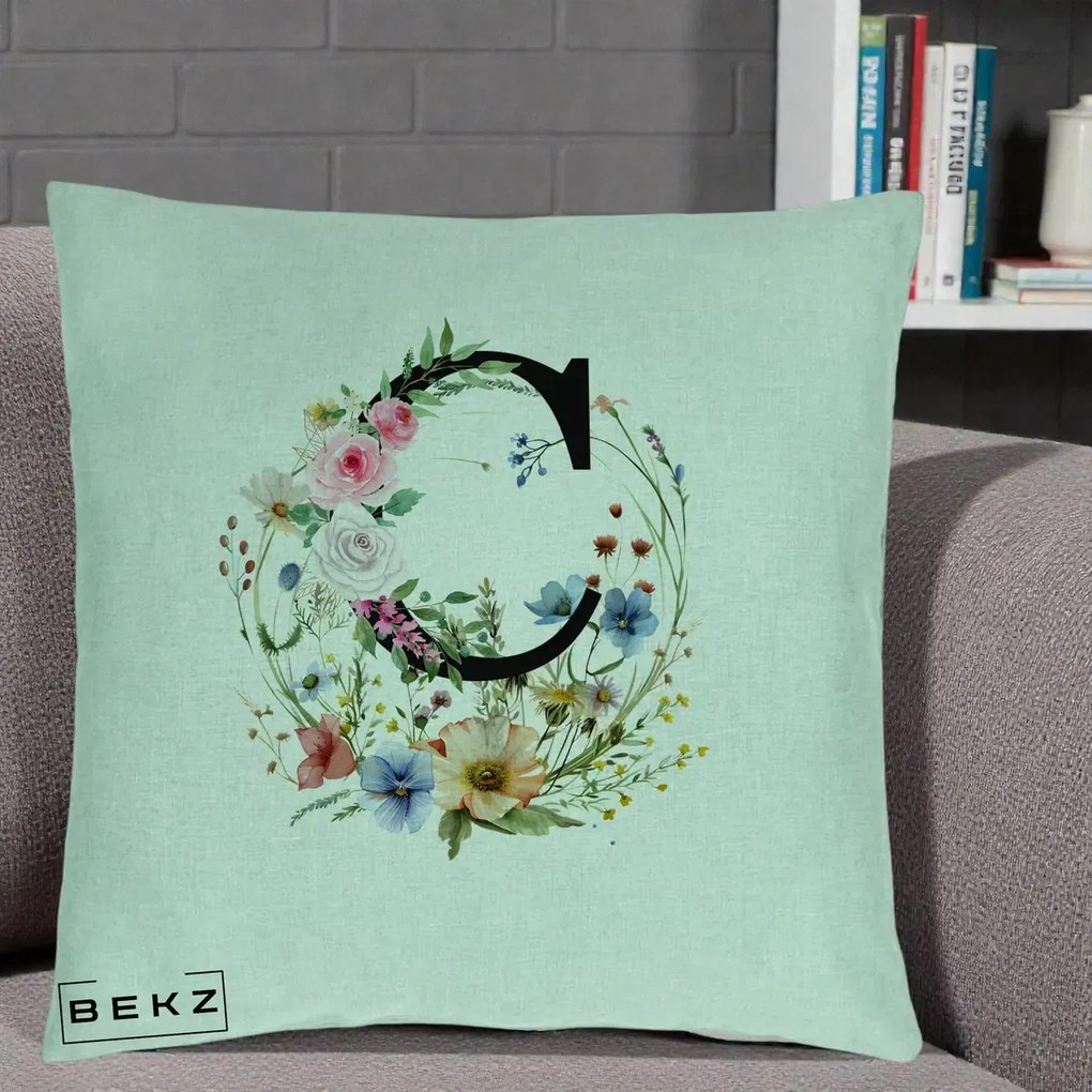 Cadou Personalizat - Perna Personalizata Monogram Litera C cu Flori Acuarela, 40x40 cm, Verde Menta, Husa Detasabila, Perna Inclusa, BEKZ®