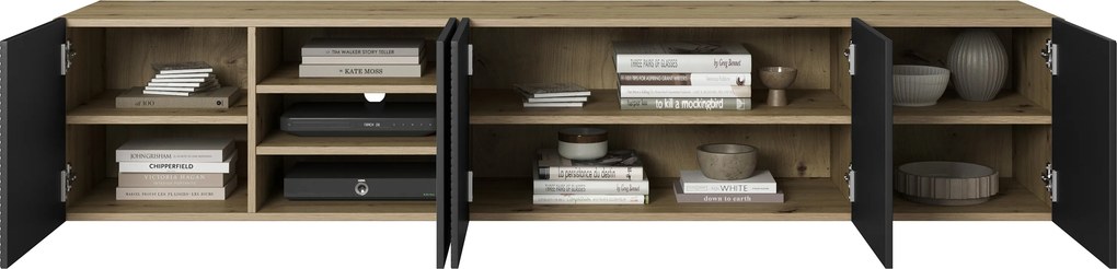 Comodă TV suspendată Asha 200 cm cu front canelat - artisan / negru mat