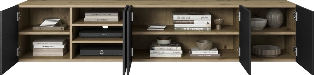 Comodă TV suspendată cu front striat Asha 200 cm - artisan / negru mat