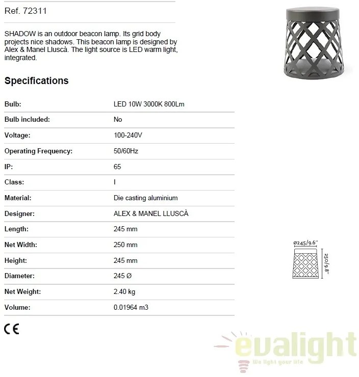 Mini stalp LED de exterior design modern ambiental IP65 SHADOW 25cm