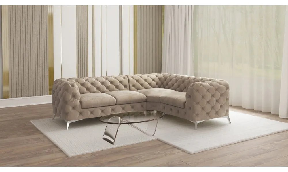 Colțar grej cu tapițerie din catifea (cu colț pe partea dreaptă/în formă de ”L”) Chelsea – Ropez