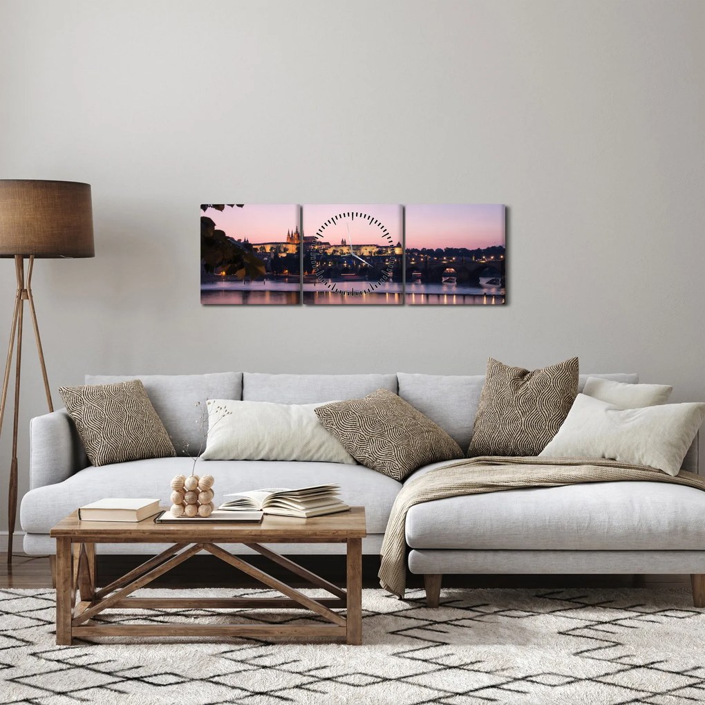 Tablou cu palatul din Praga și Vltava (cu ceas) (90x30 cm)