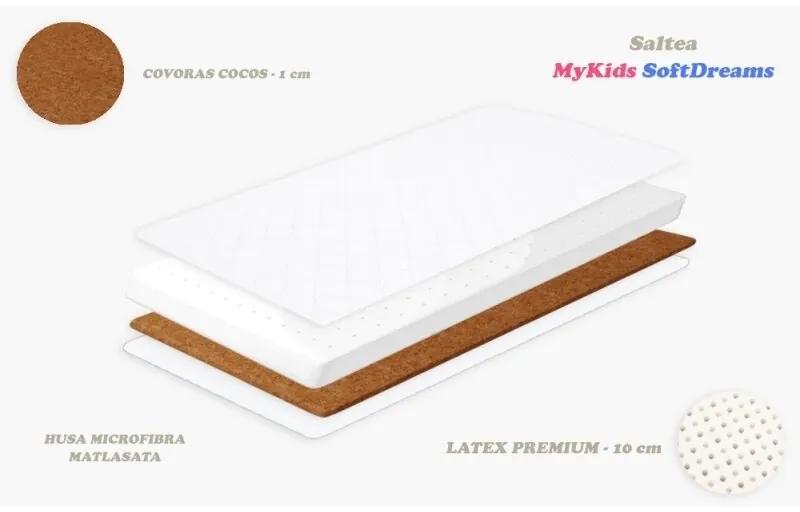 MyKids - Saltea pentru patut SoftDreams , 2 in 1 din Microfibra, 120x60 cm, 11 cm Cocos-Latex, Alb