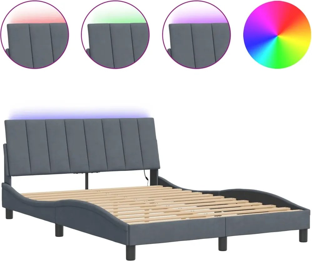 vidaXL Cadru de pat cu LED fără saltea, Hanko, gri închis, 140x190 cm, catifea