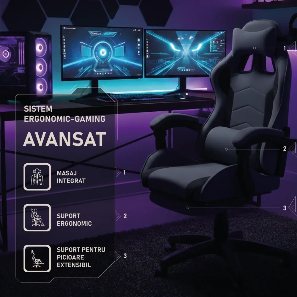Scaun gaming, masaj în perna lombară, suport picioare, textil, Gri