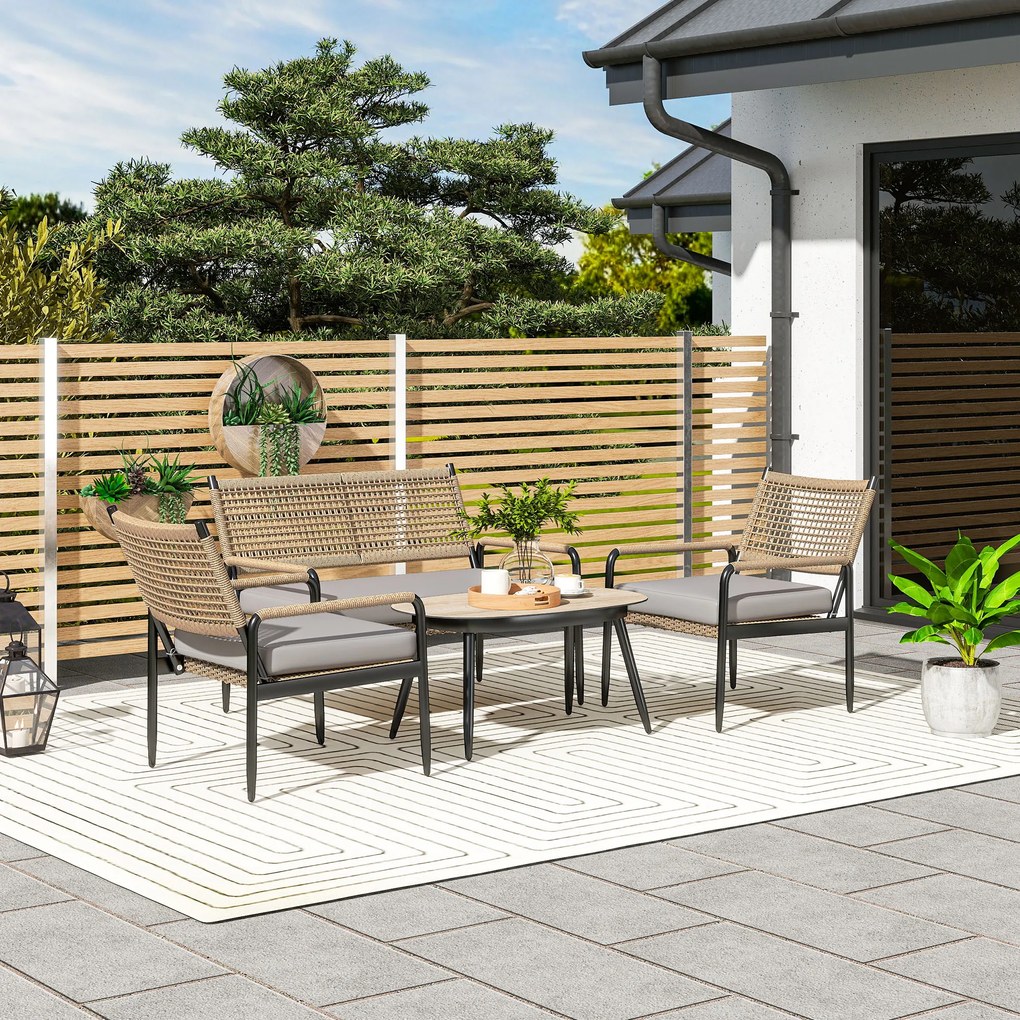 Outsunny Set de mobilier de grădină din rătan Set de lounge cu canapea dublă, fotoliu, masă cu geam, perne pentru 4 persoane, Gri închis+Galben | Aosom Romania