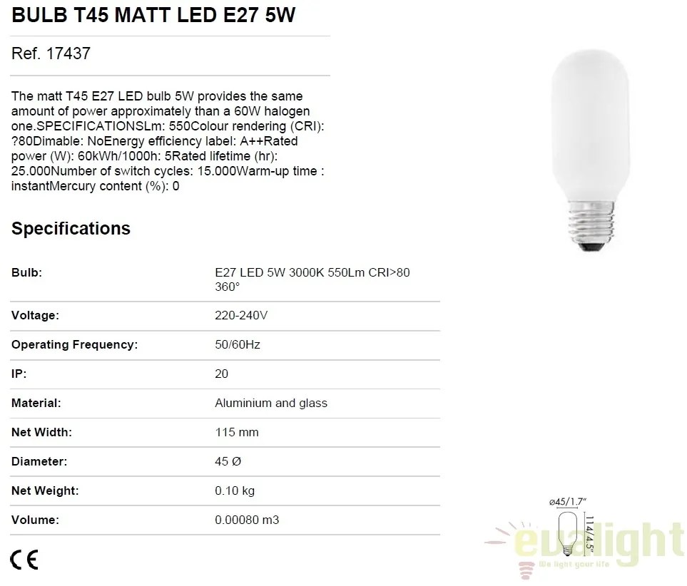 Bec LED E27 T45 MATT 5W 3000K 17437