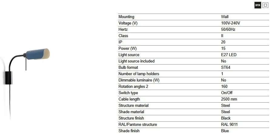 Aplica metal stil retro abajur ajustabil MARTINICA S negru, blue