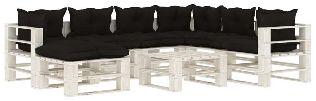 3052356 vidaXL Set mobilier grădină din paleți, cu perne negre, 8 piese, lemn