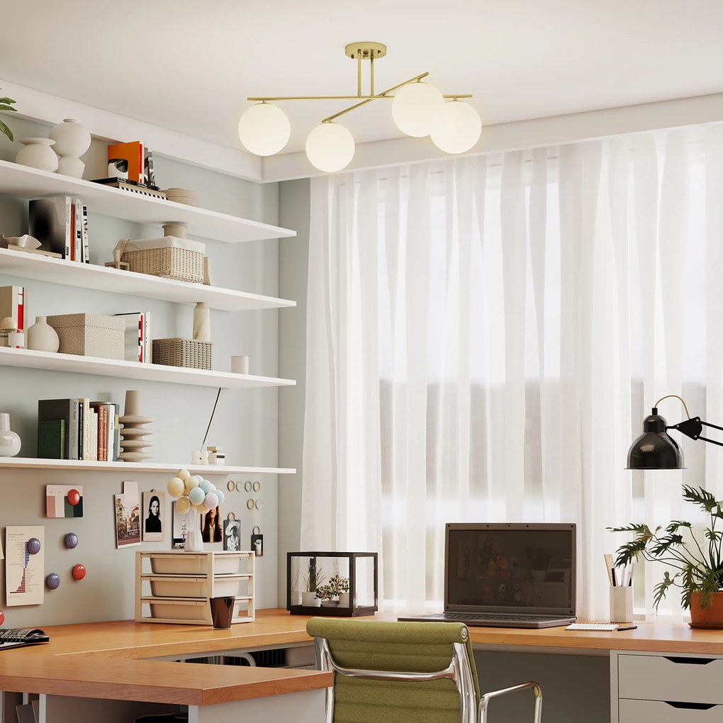 HOMCOM Plafonier candelabru modern cu 4 lumi cu soclu E14, montaj semi-aplatizat, aur si crem | Aosom Romania