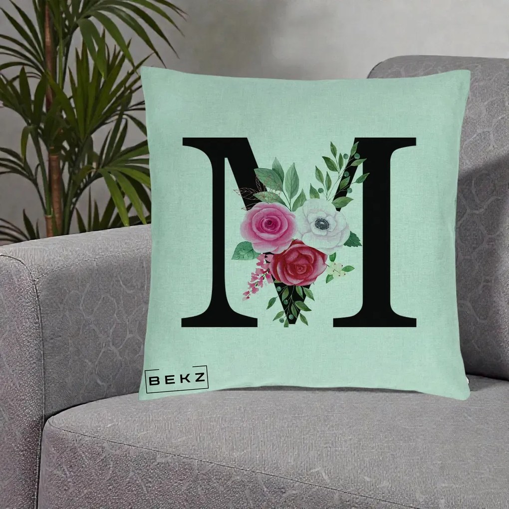 Cadou Personalizat - Perna Personalizata Monograma Florala Litera M cu Trandafiri si Anemona, 40x40 cm, Verde Menta, Husa Detasabila, Perna Inclusa, BEKZ®
