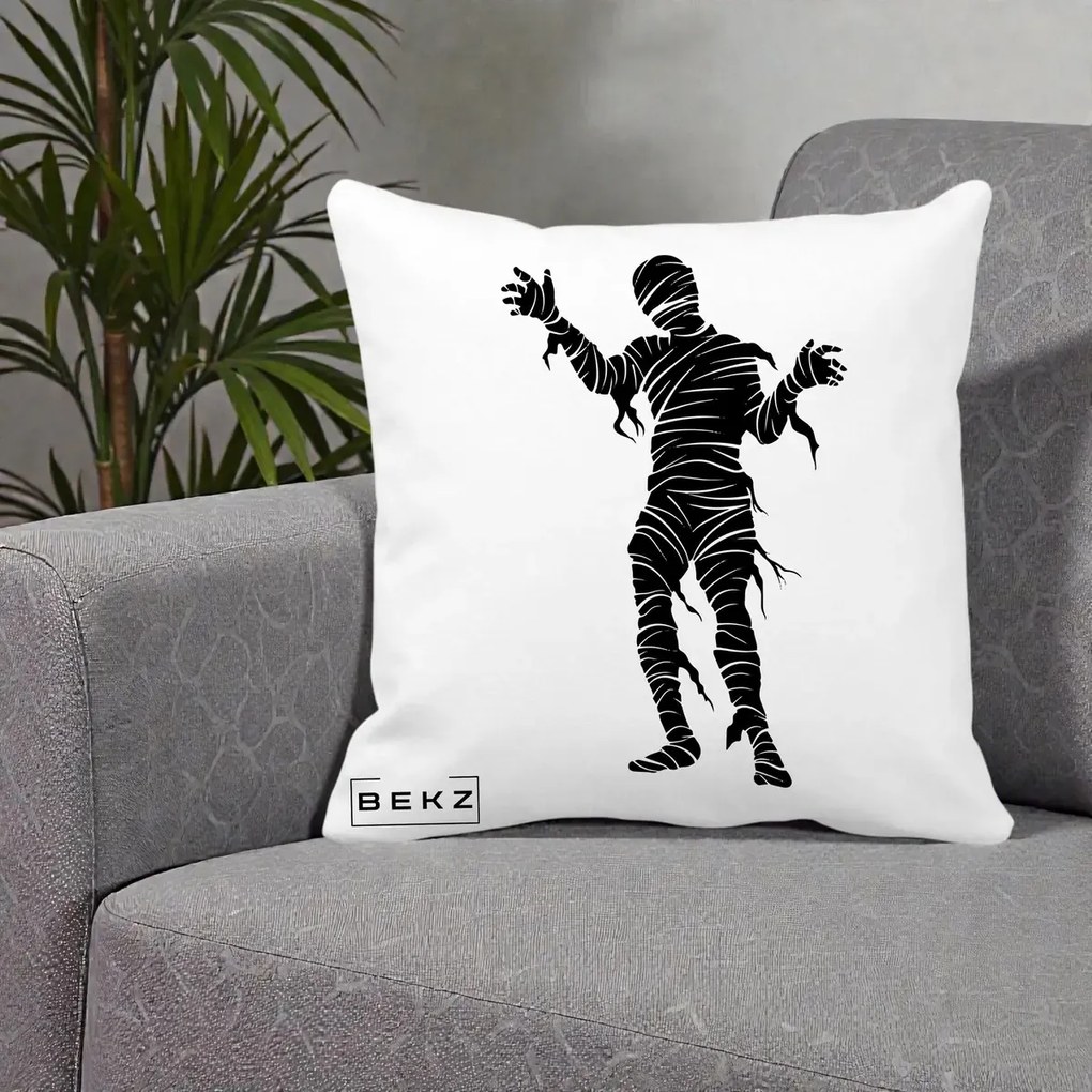 Perna Decorativa Mormii Infricosat Silueta Neagra Halloween, 40x40 cm, Alba Mata, Husa Detasabila, Perna Inclusa, BEKZ®
