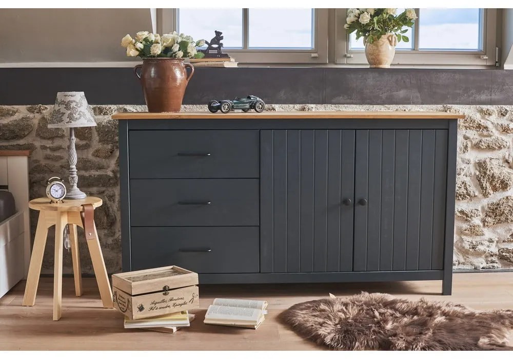 Comodă albastru-închis din lemn masiv de pin 150x80 cm Miranda – Marckeric