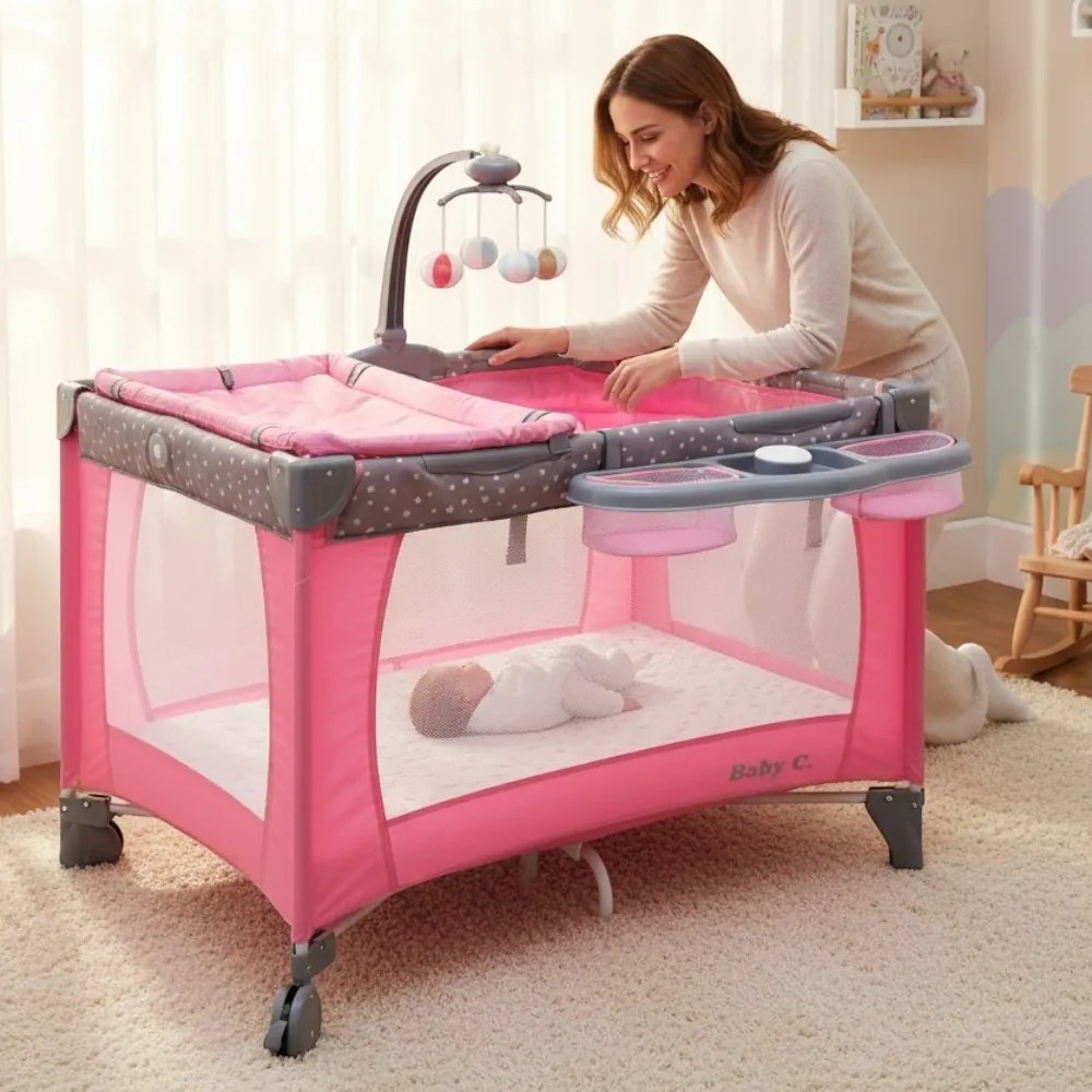 Patut Pliabil si Tarc copii Baby Care™ PRO FMAT, 2 Niveluri de inaltime, Cu melodii si Masa infasat, Carusel cu jucarii din plus, Plasa insecte, Roz