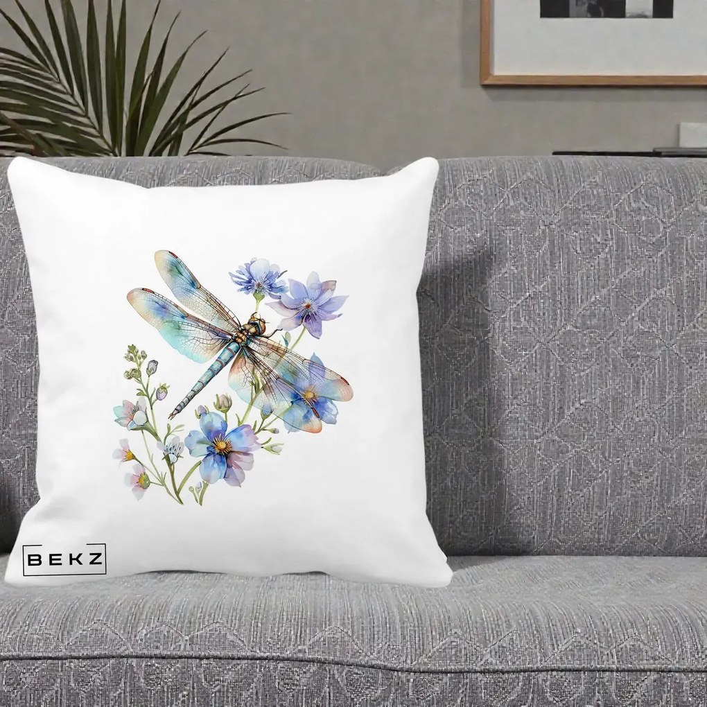 Perna Decorativa Libelula Acuarela Flori Albastre, 40x40 cm, Alba Mata, Husa Detasabila, Perna Inclusa, BEKZ®