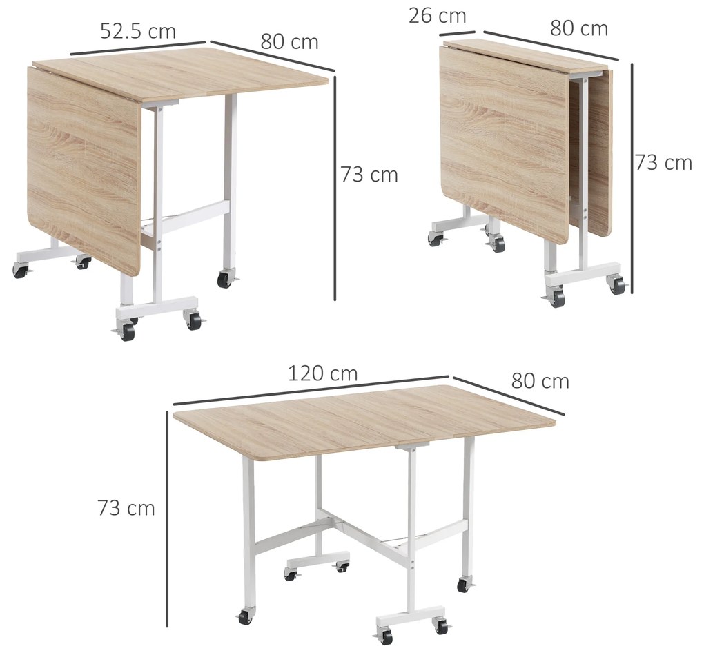 Masă pliabila cu 2 foi cu roți, masă de economisire a spațiului pentru living și bucătărie din MDF și oțel, 120x80x73cm, maro HOMCOM | Aosom Romania