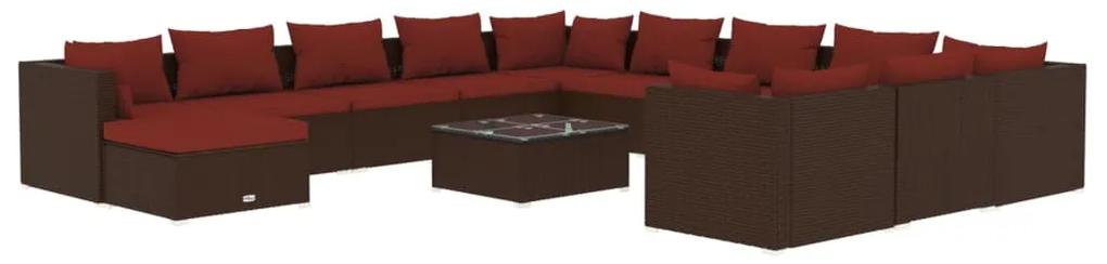 Set mobilier de gradina cu perne, 13 piese, maro, poliratan maro si rosu, 4x colt + 7x mijloc + suport pentru picioare + masa, 1
