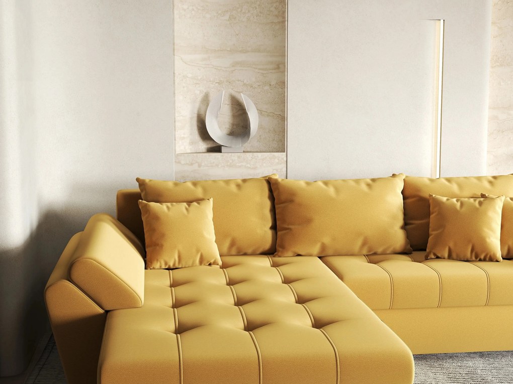 Colțar extensibil dumonde cu ladă de depozitare si sezut confortabil din spuma high-density, Loana Royal Muștar 270x185 cm