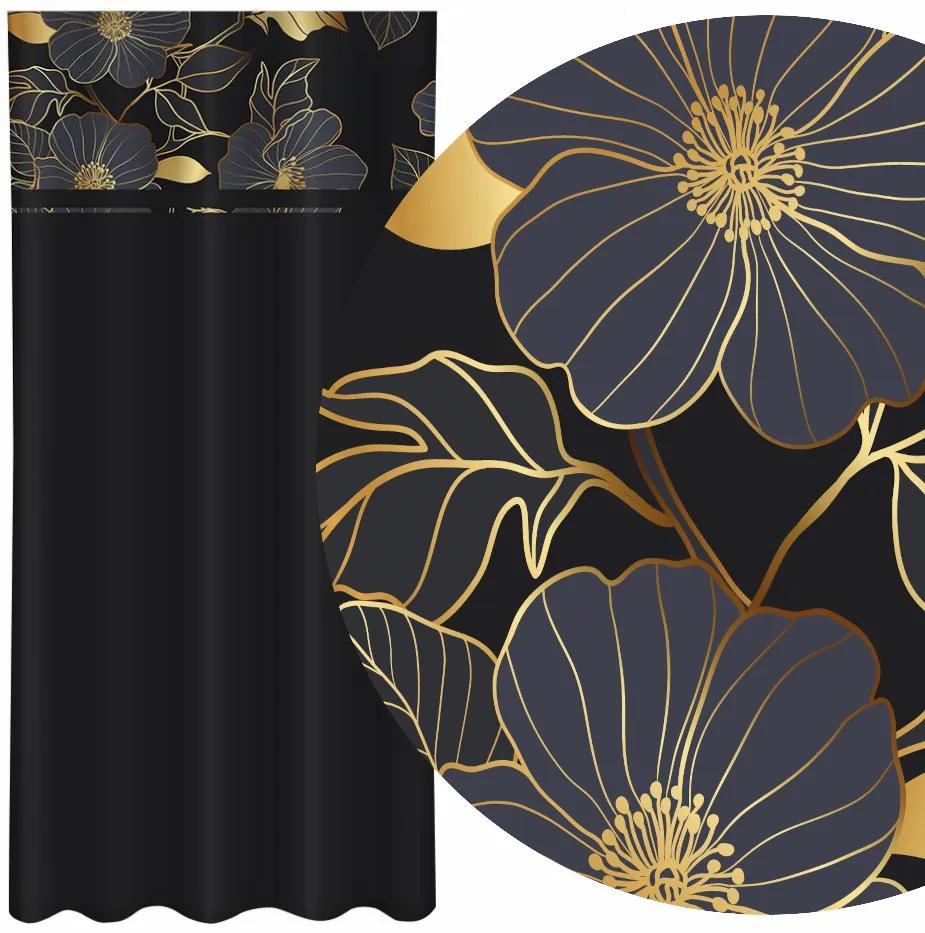 Draperie neagră clasică cu imprimare de flori de aur Lățime: 160 cm | Lungime: 270 cm