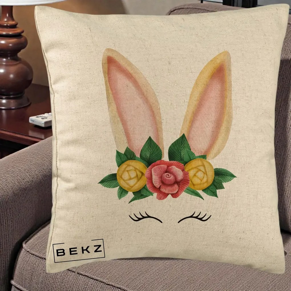 Perna Decorativa Iepuras Flori Urechi Pastelui, 40x40 cm, Bej, Husa Detasabila, Perna Inclusa, BEKZ®
