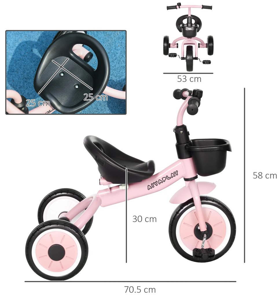 AIYAPLAY Tricicleta pentru Copii 2-5 Ani cu Scaun Reglabil, Bicicletă pentru Copii cu Coș, 70,5x53x58 cm, Roz | Aosom Romania